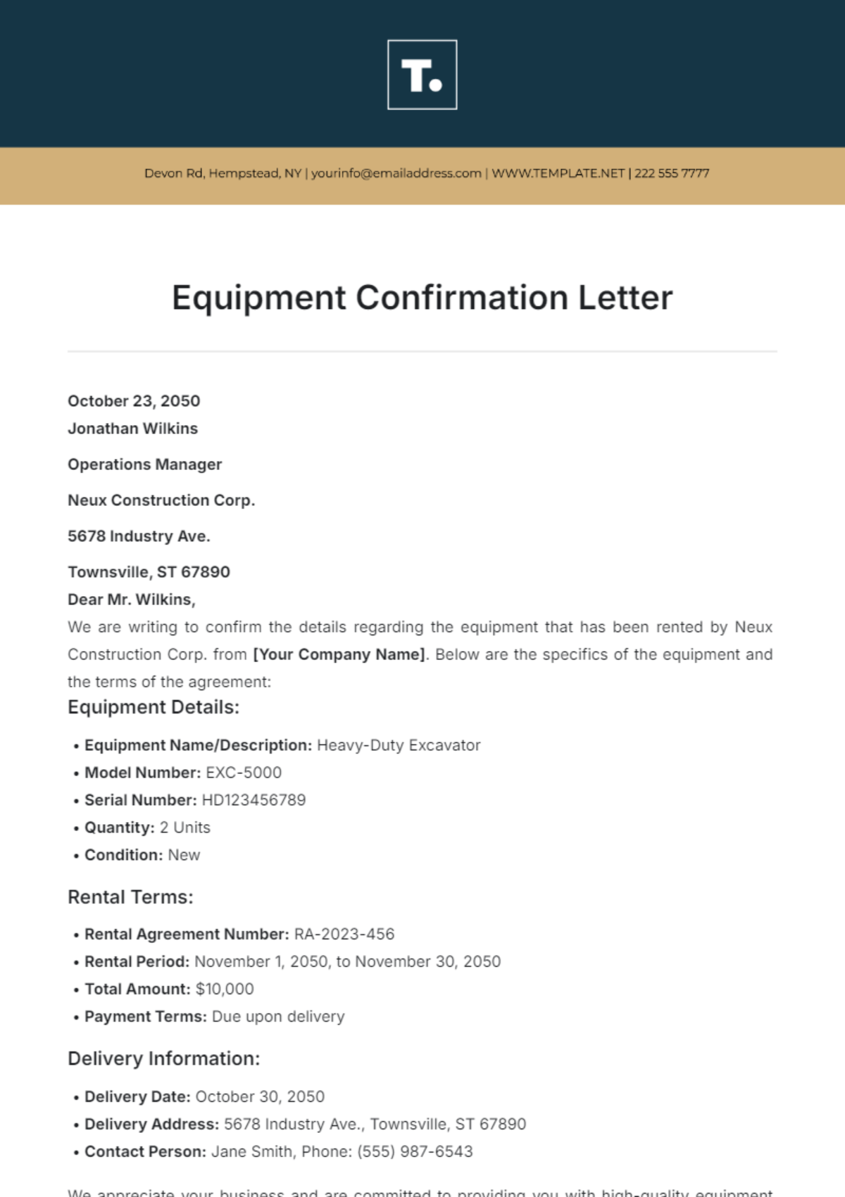 Equipment Confirmation Letter Template - Edit Online & Download