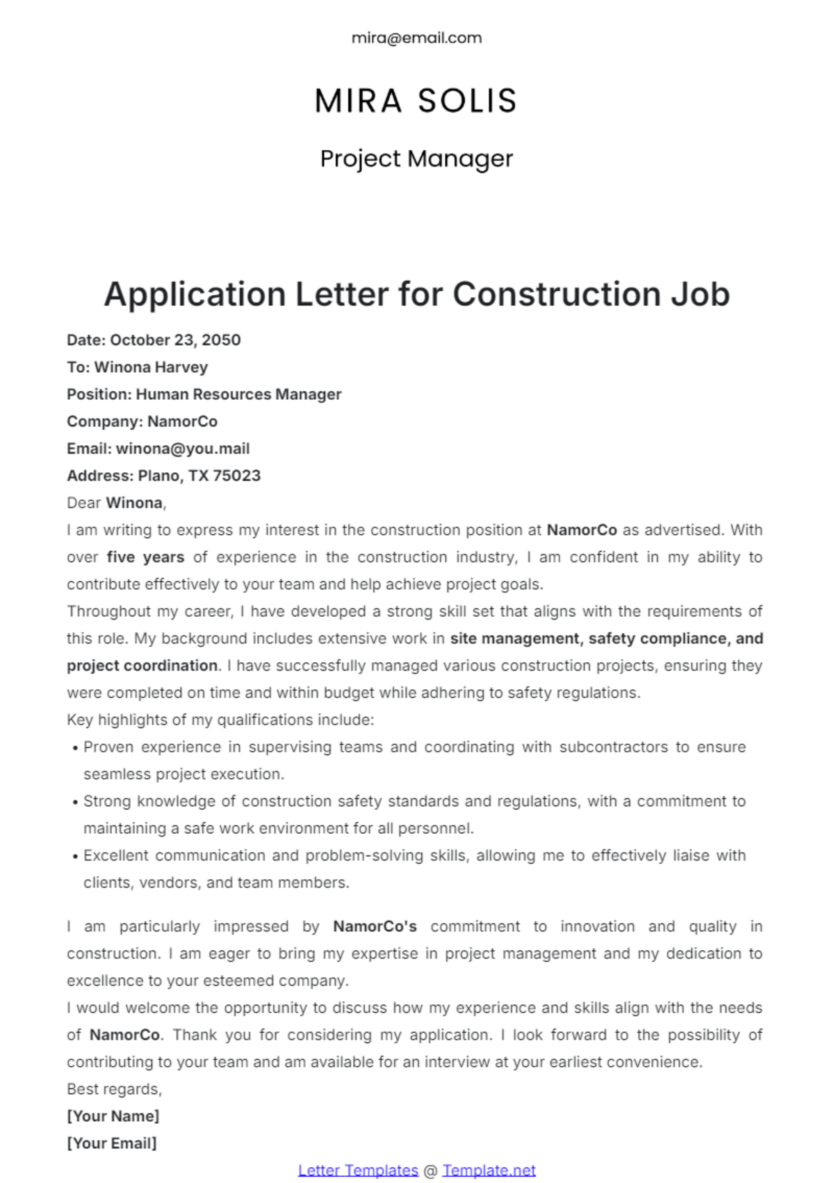 Application Letter for Construction Job Template - Edit Online & Download