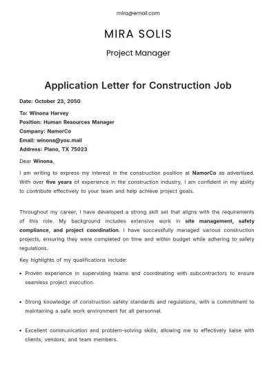 Free Application Letter for Construction Job Template to Edit Online