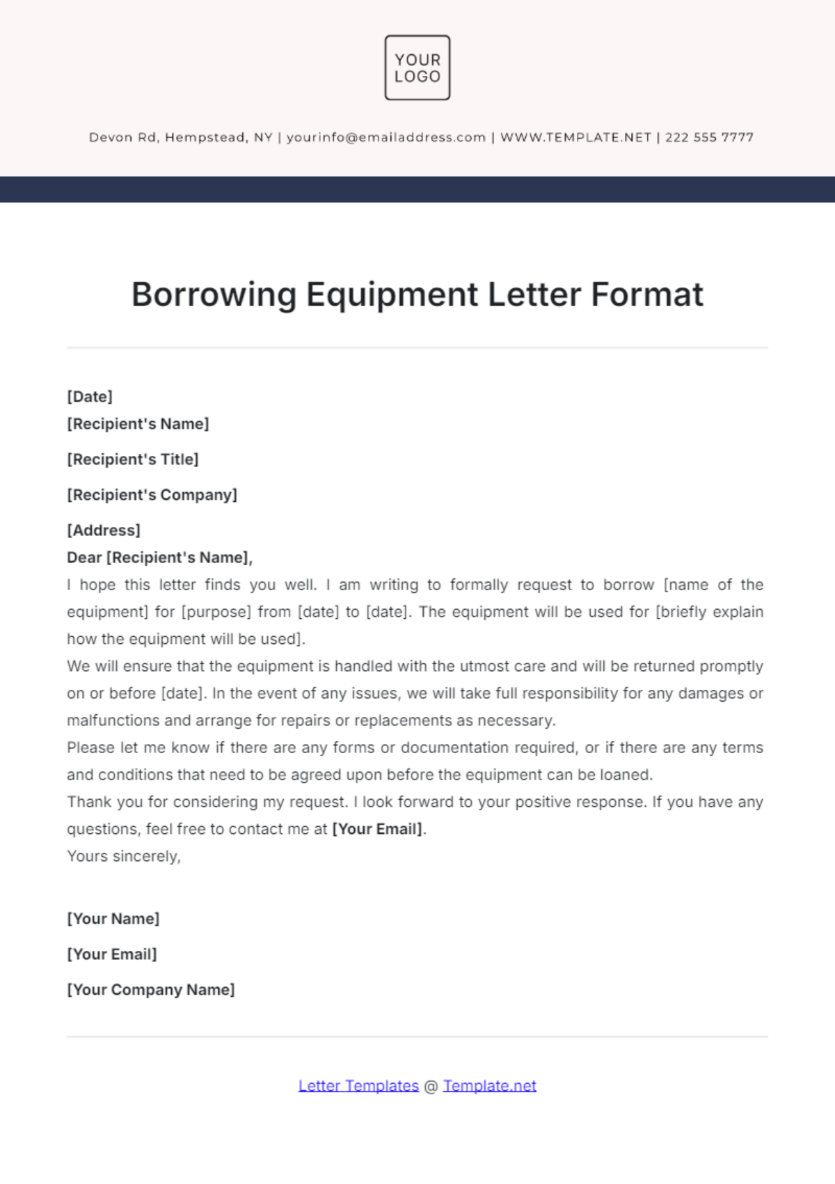 Borrowing Equipment Letter Format Template - Edit Online & Download