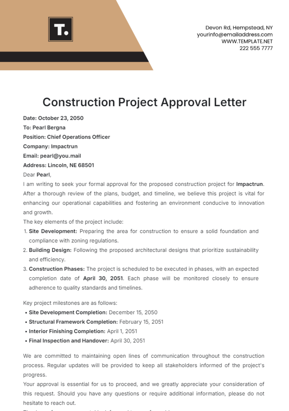 Construction Project Approval Letter Template - Edit Online & Download