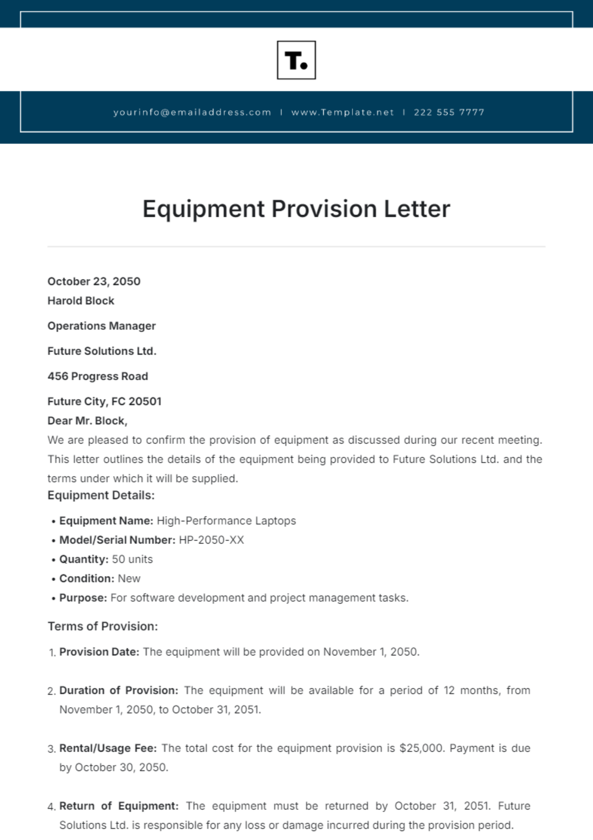 Equipment Provision Letter Template - Edit Online & Download