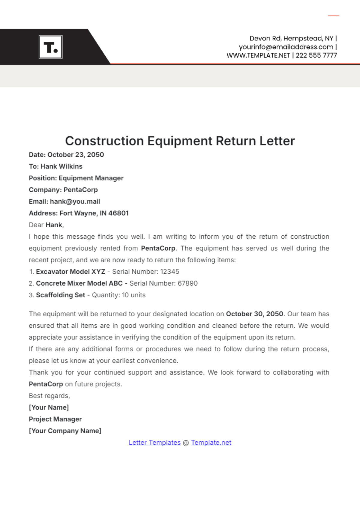 Construction Equipment Return Letter Template - Edit Online & Download