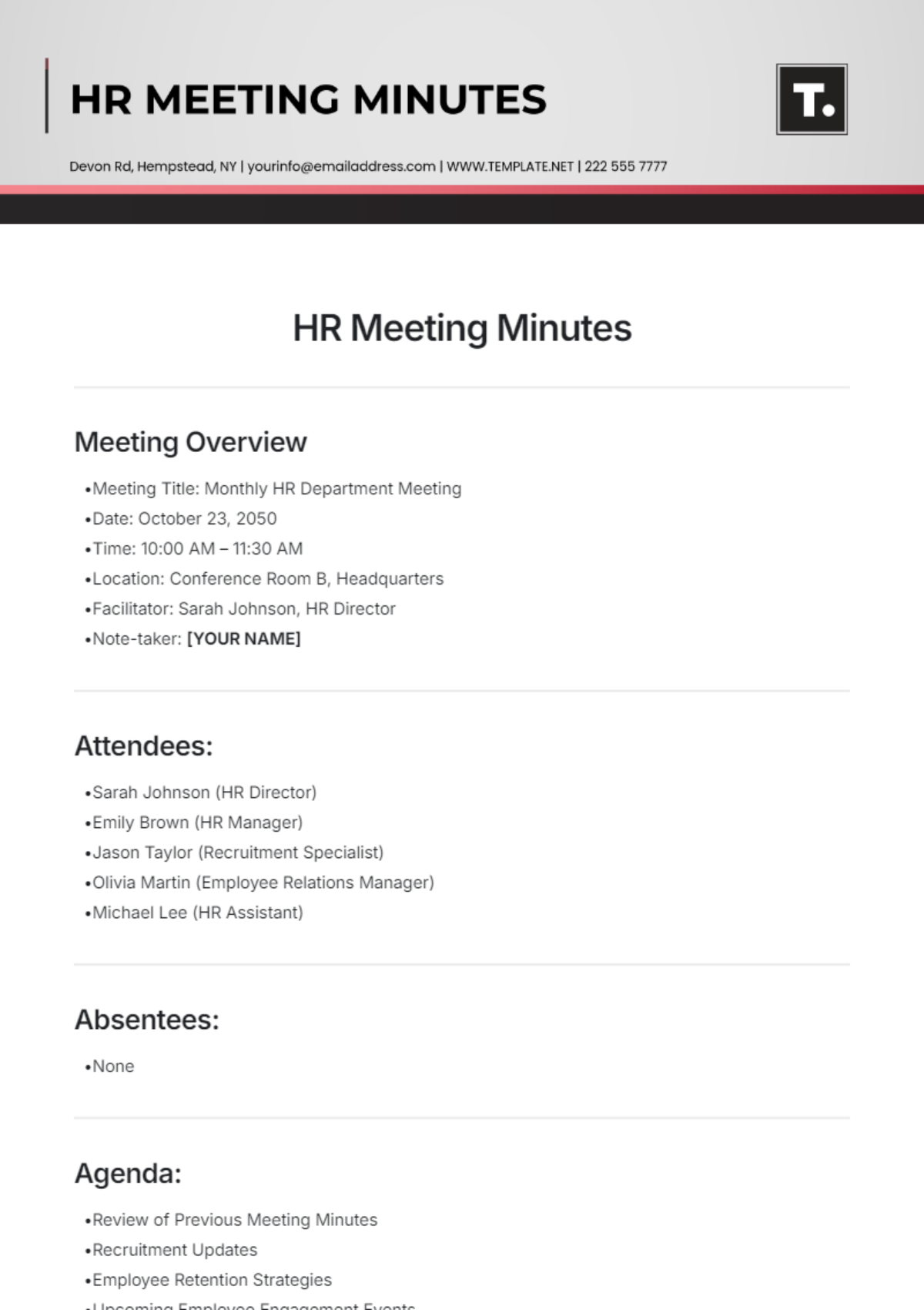 HR Meeting Minute Template