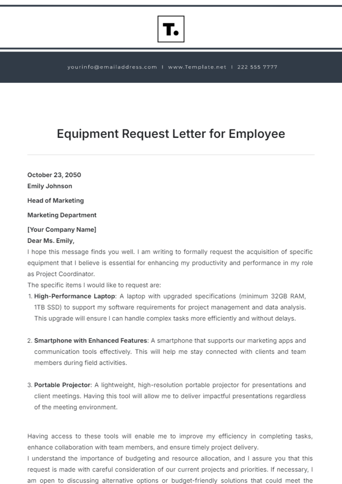 Equipment Request Letter for Employee Template - Edit Online & Download