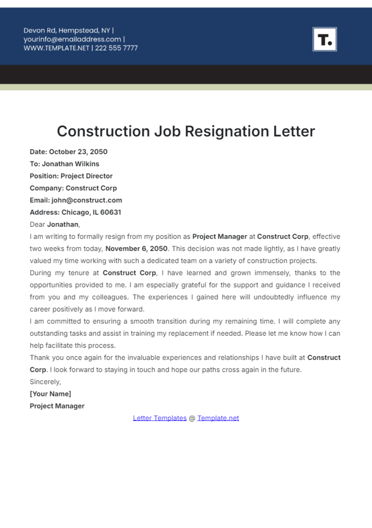 Construction Job Resignation Letter Template - Edit Online & Download