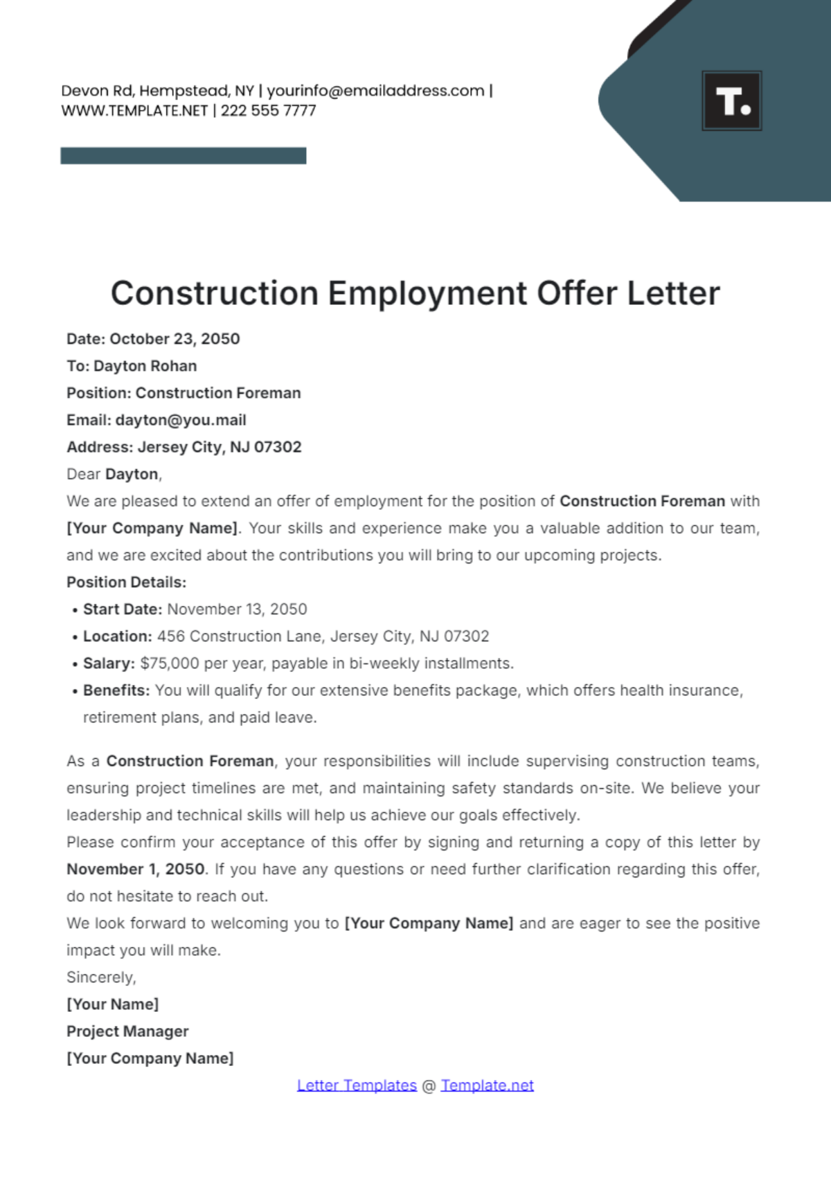 Construction Employment Offer Letter Template - Edit Online & Download