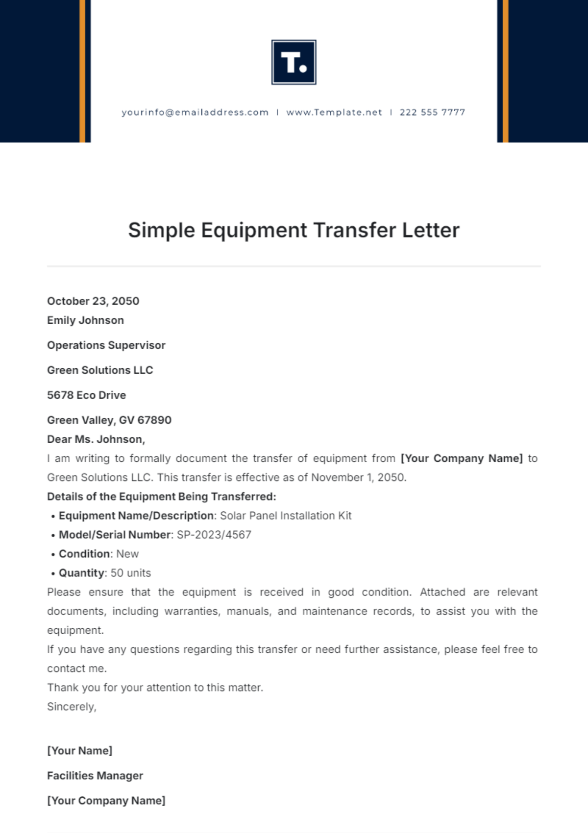 Simple Equipment Transfer Letter Template - Edit Online & Download