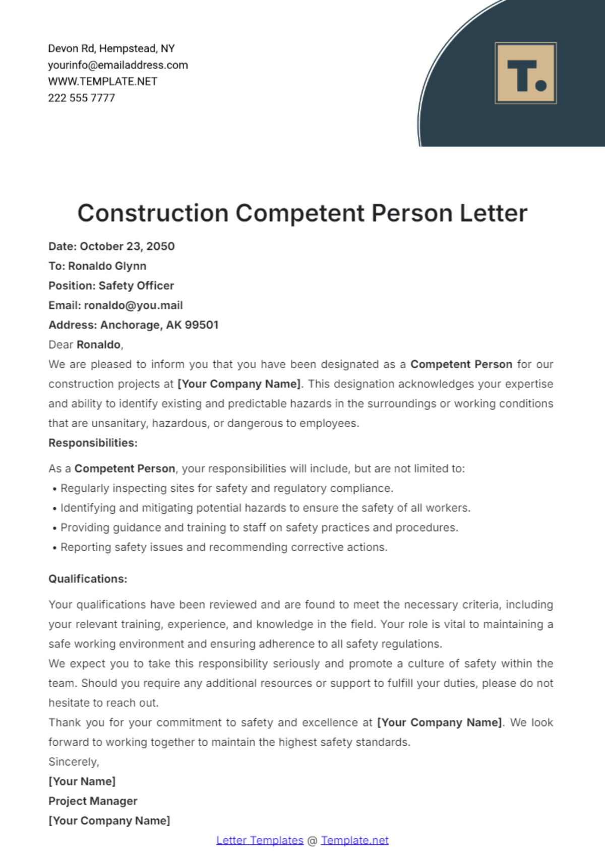 Construction Competent Person Letter Template - Edit Online & Download