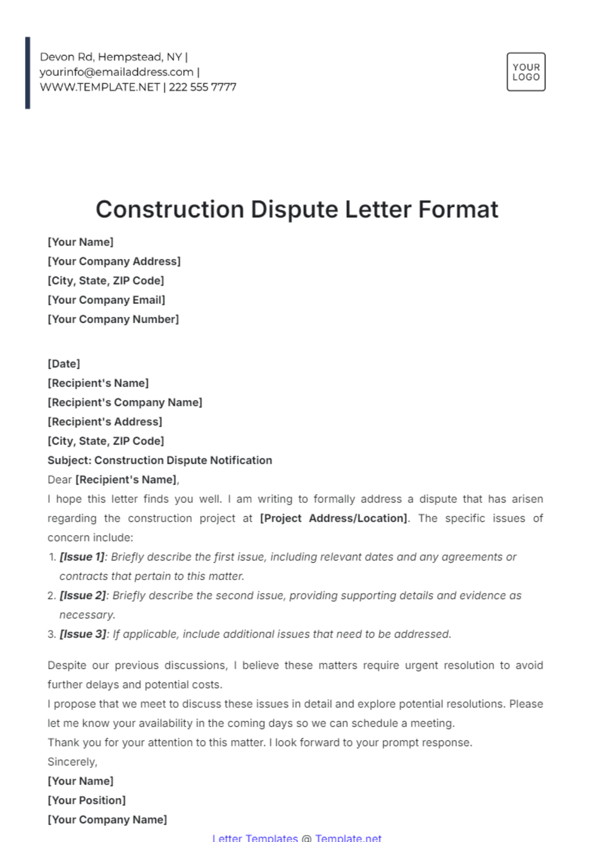 Construction Dispute Letter Format Template - Edit Online & Download