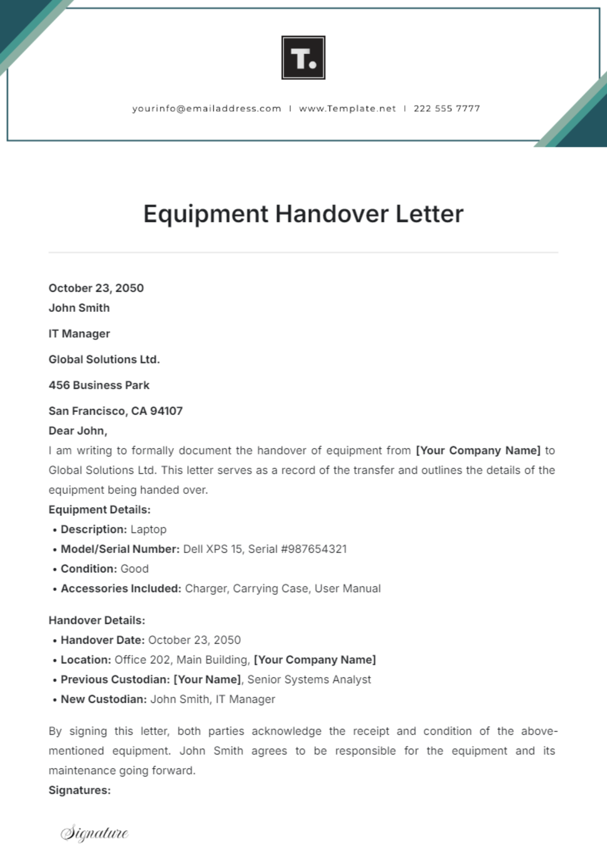 Equipment Handover Letter Template - Edit Online & Download