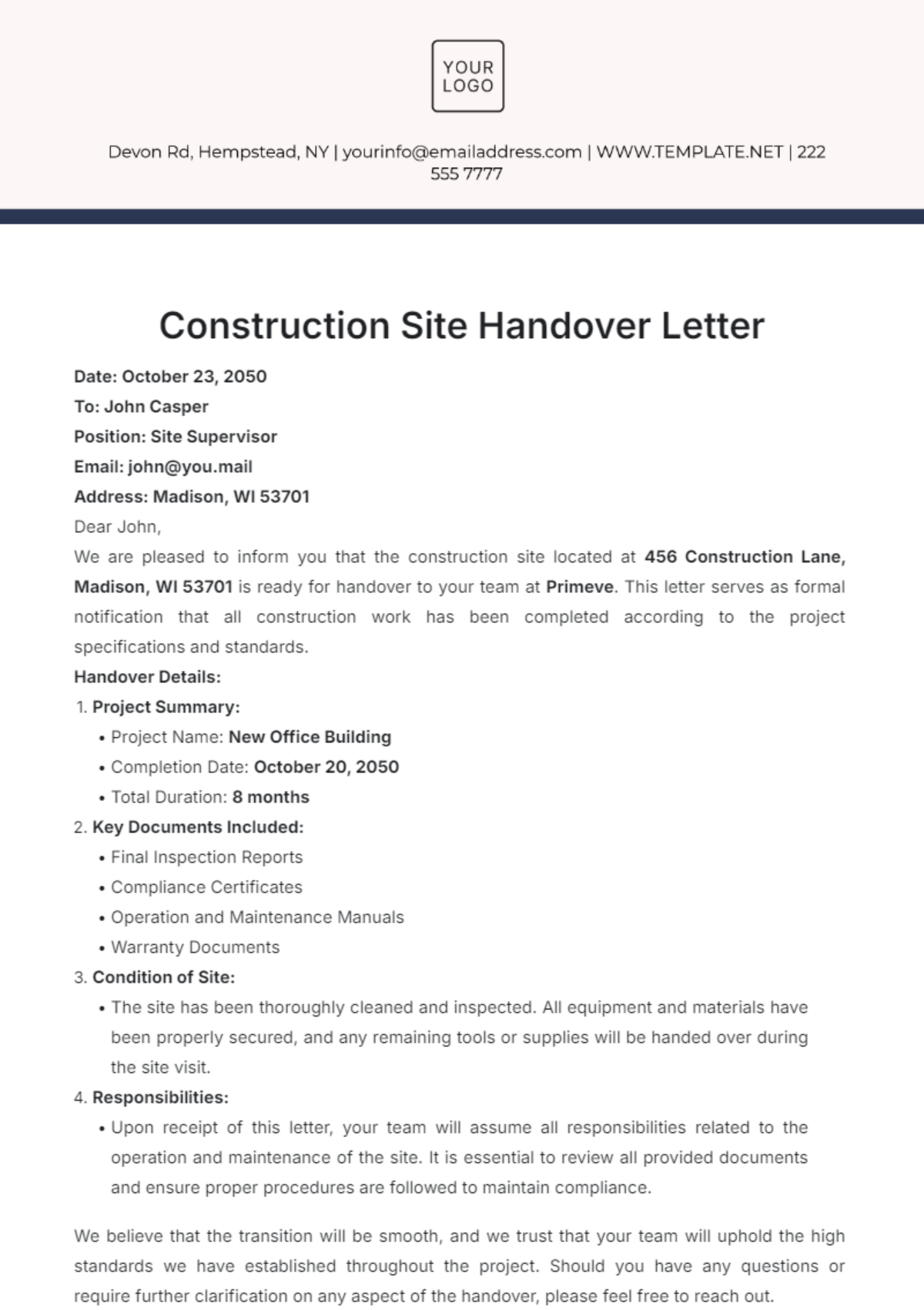 Construction Site Handover Letter Template - Edit Online & Download