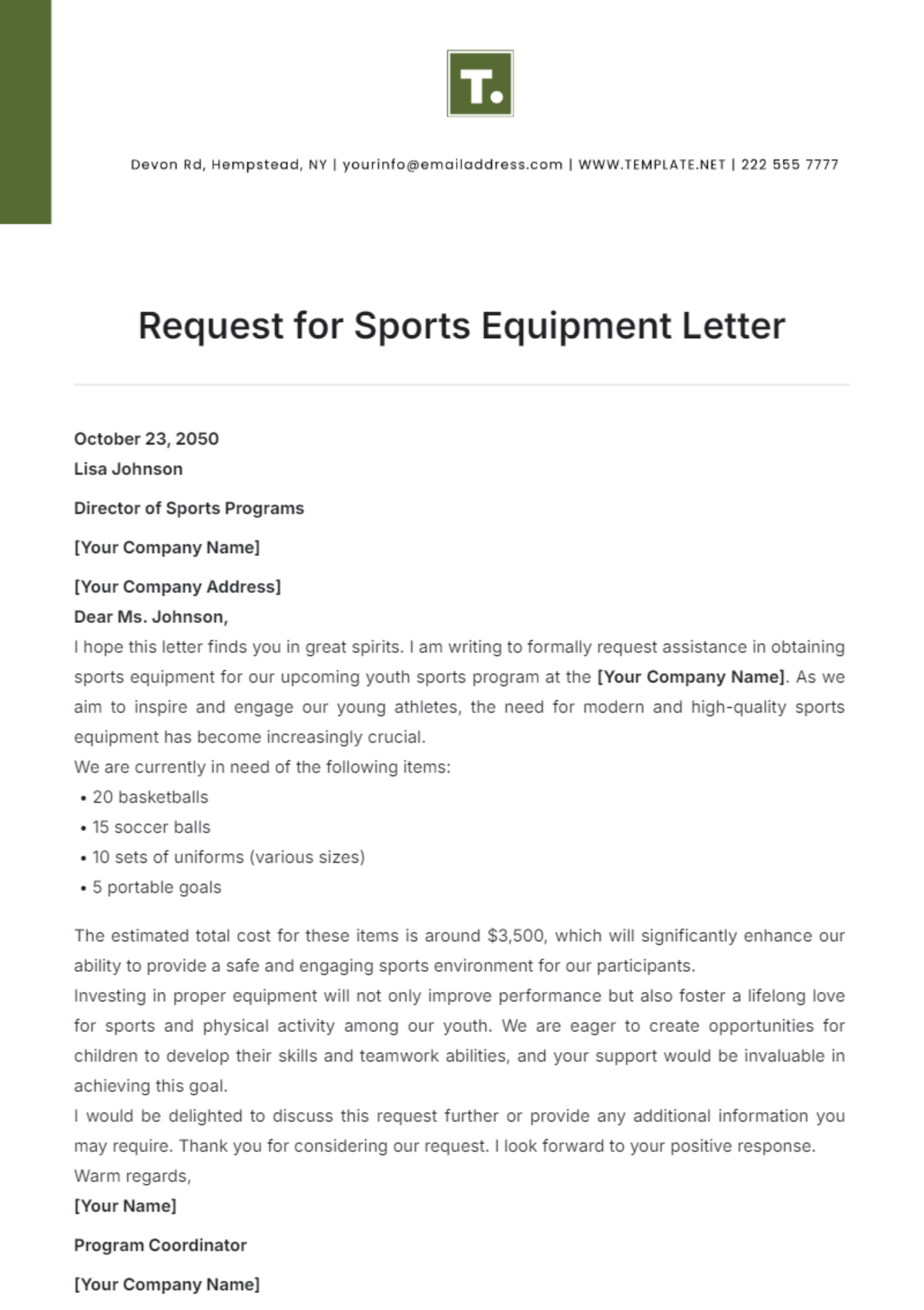 Request for Sports Equipment Letter Template - Edit Online & Download