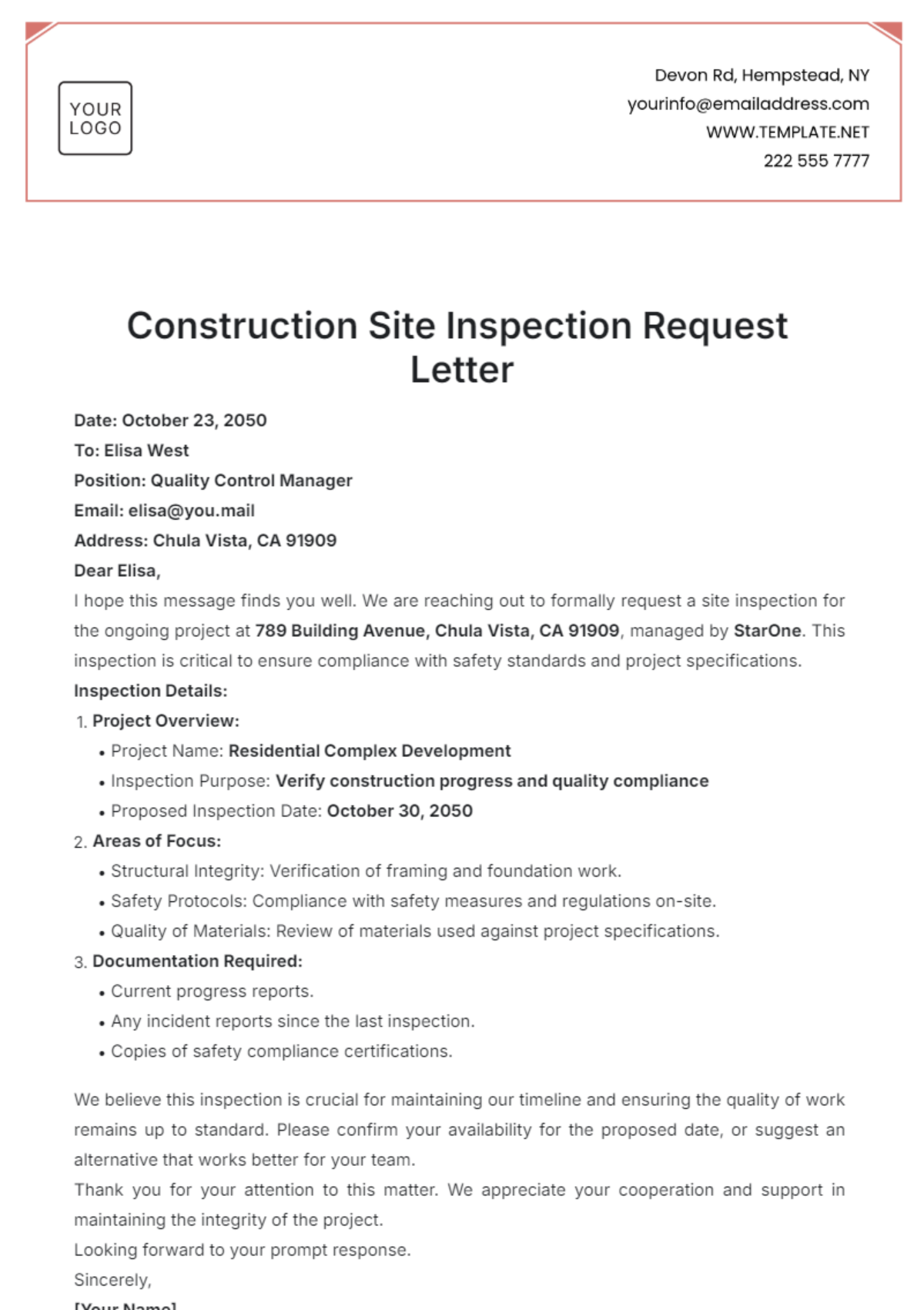 Construction Site Inspection Request Letter Template - Edit Online & Download