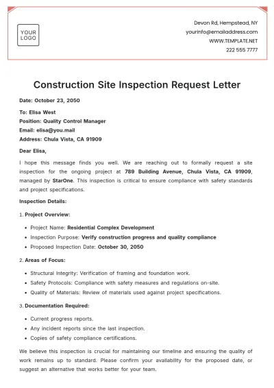 Free Construction Site Inspection Request Letter Template to Edit Online