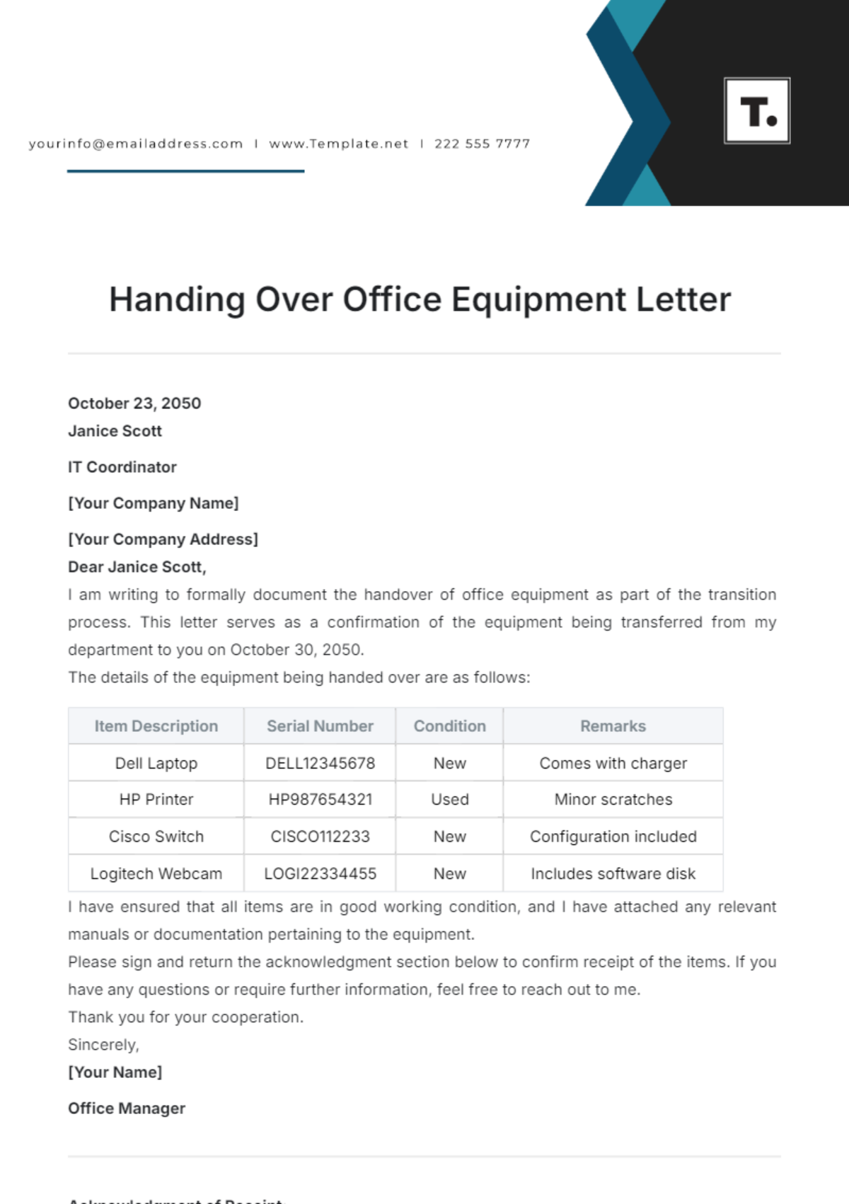 Handing Over Office Equipment Letter Template - Edit Online & Download