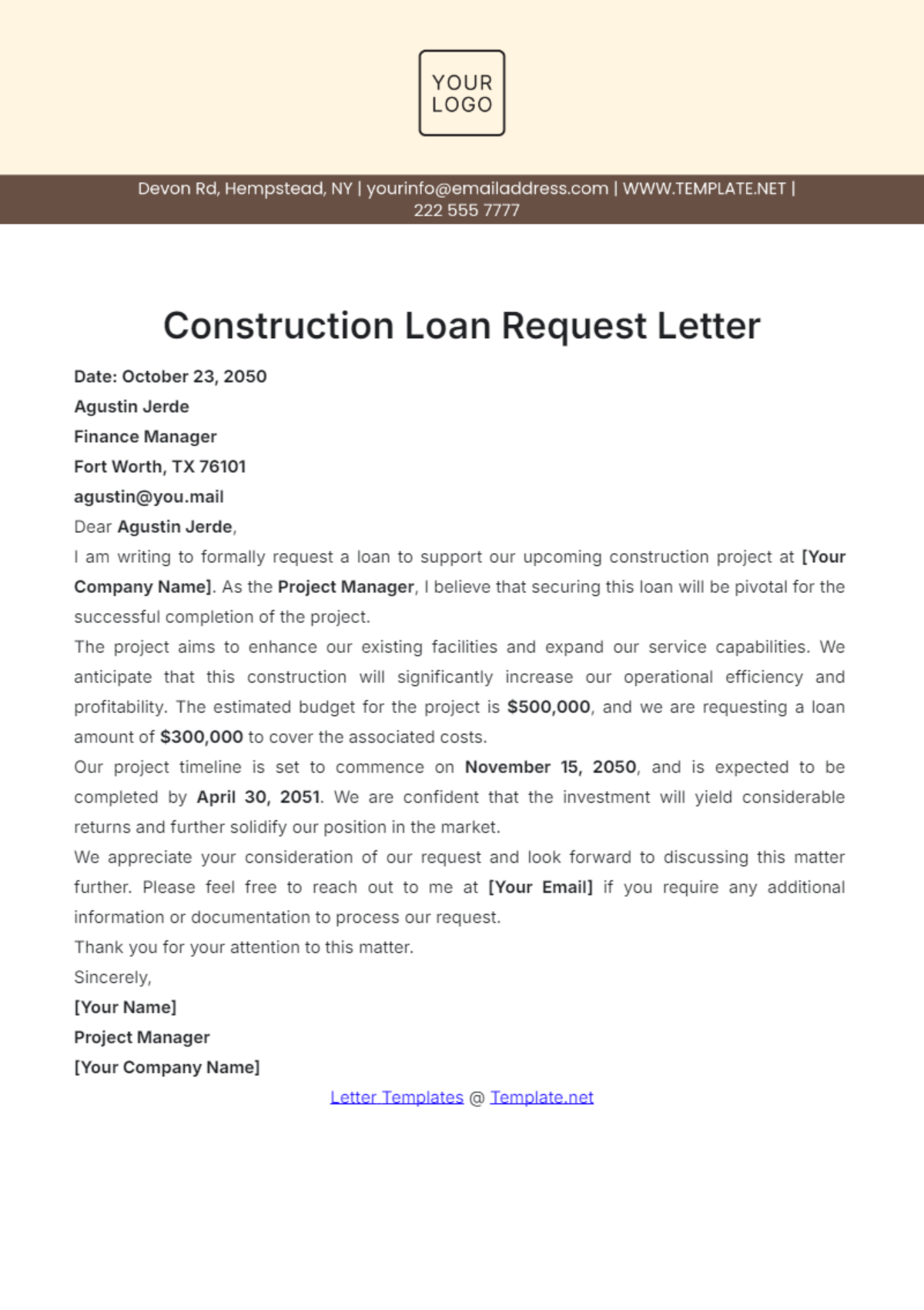 Construction Loan Request Letter Template - Edit Online & Download