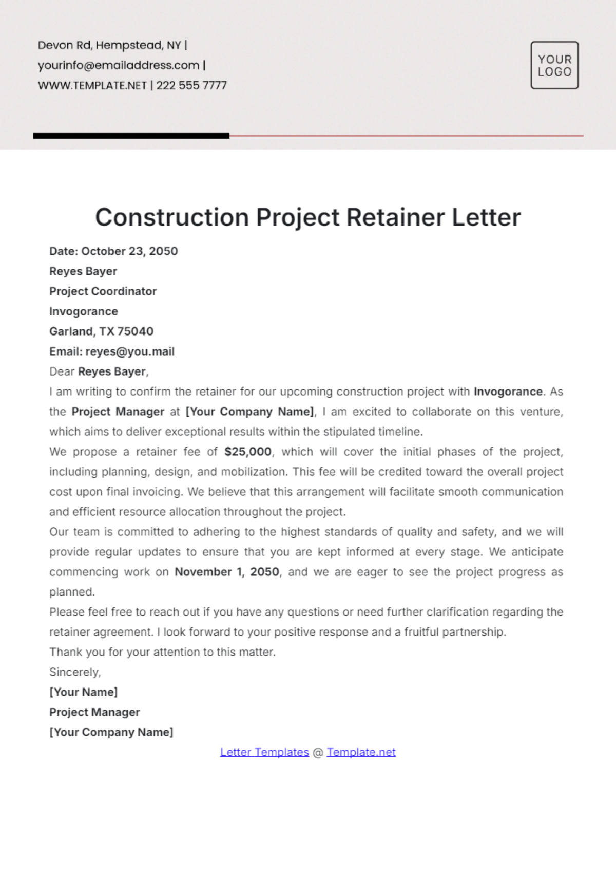 Construction Project Retainer Letter Template - Edit Online & Download