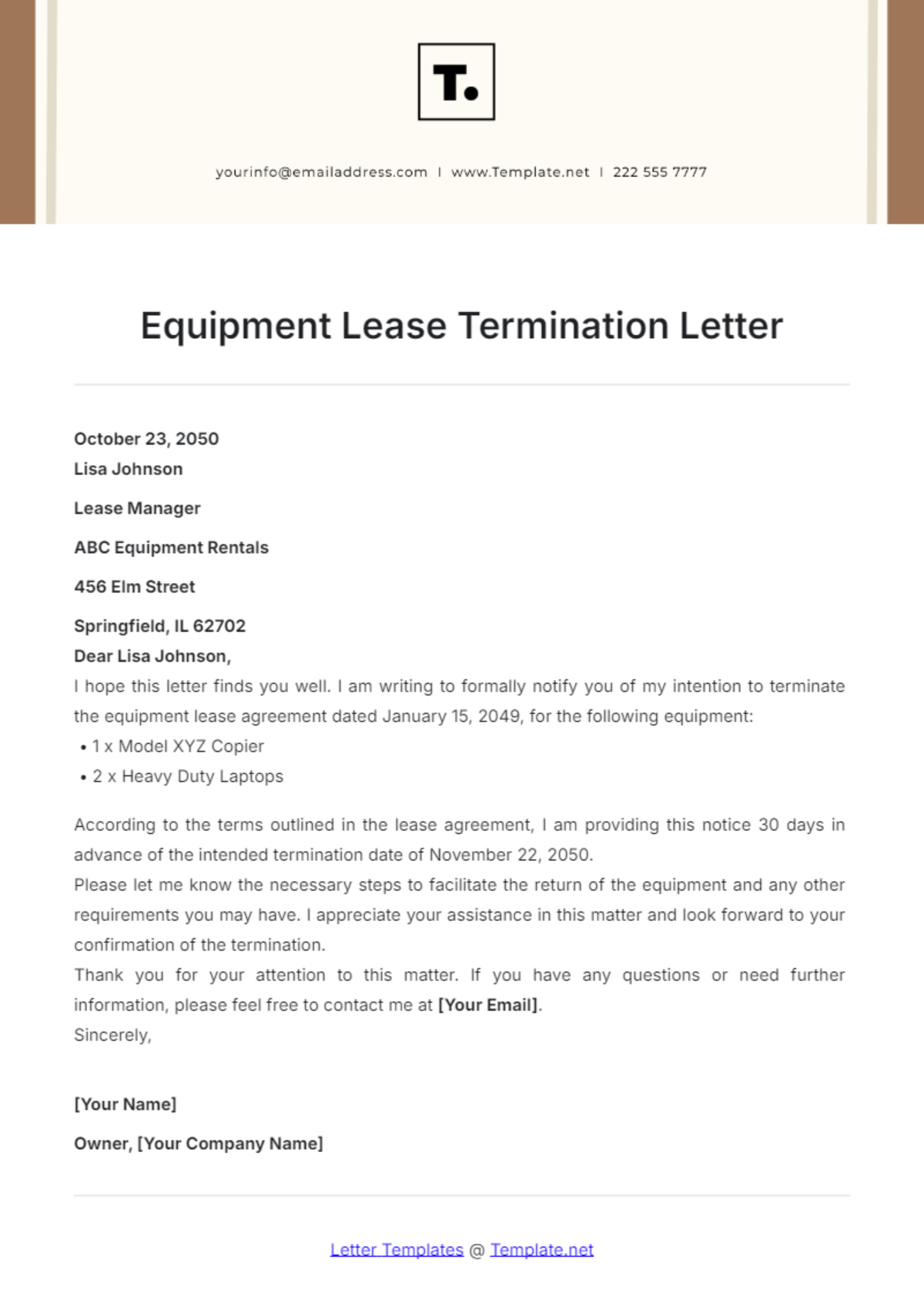 Equipment Lease Termination Letter Template - Edit Online & Download