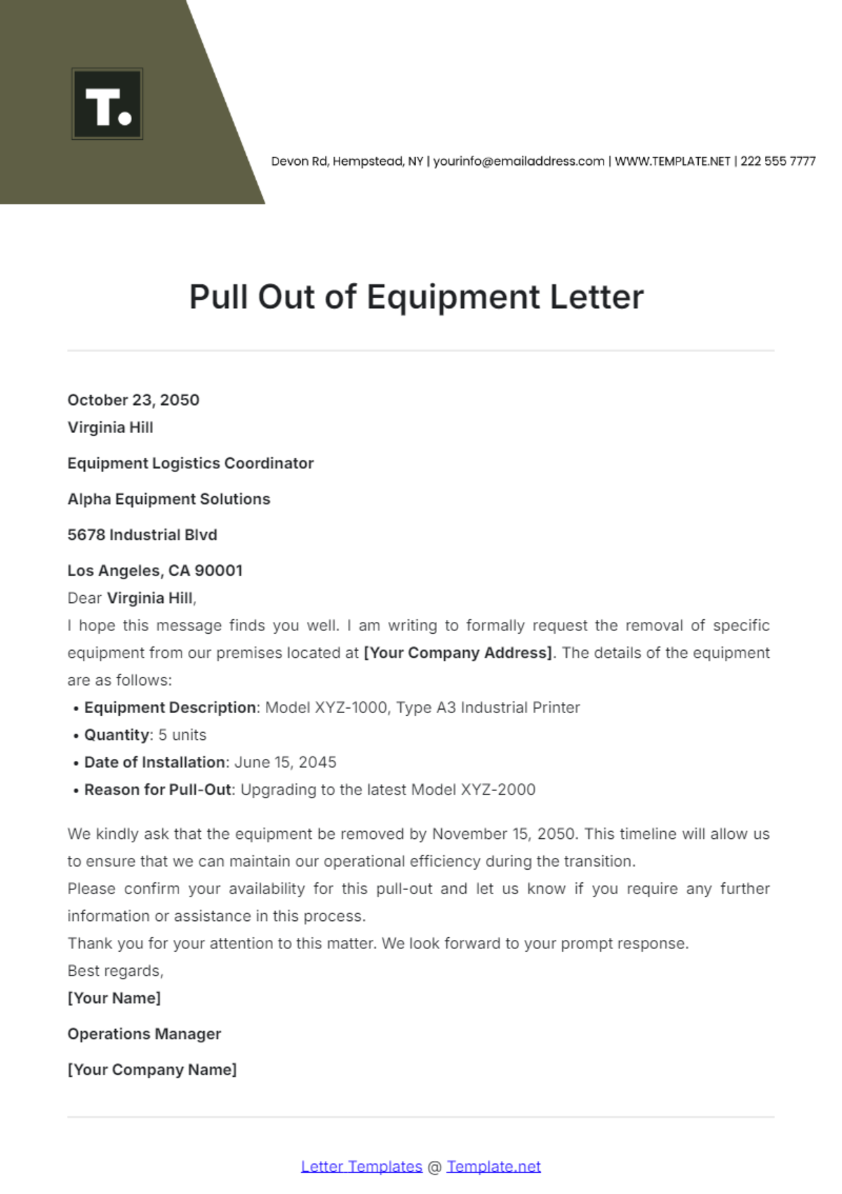 Pull Out of Equipment Letter Template - Edit Online & Download