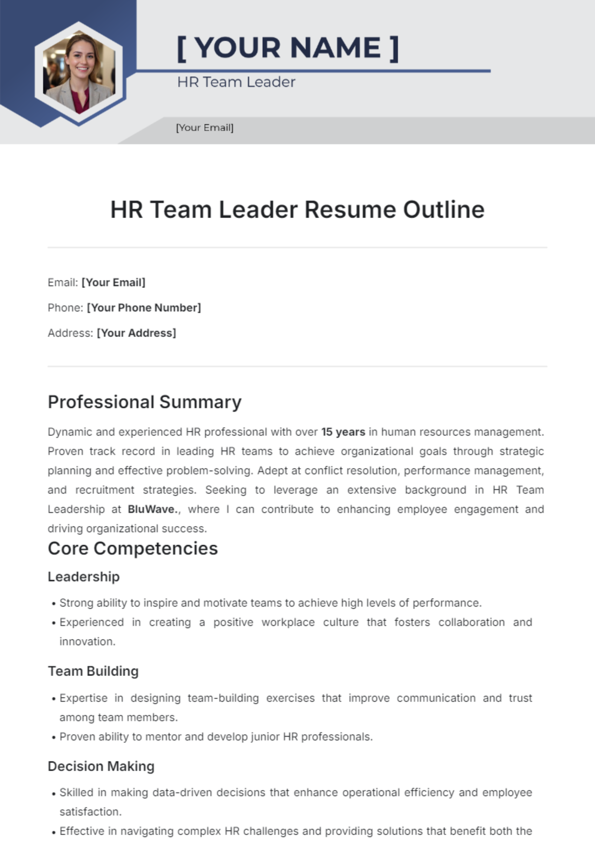 HR Team Leader Resume Outline Template