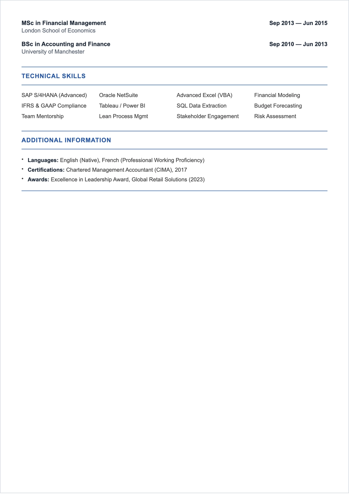 Free Printable Finance Team Leader ATS Resume Template