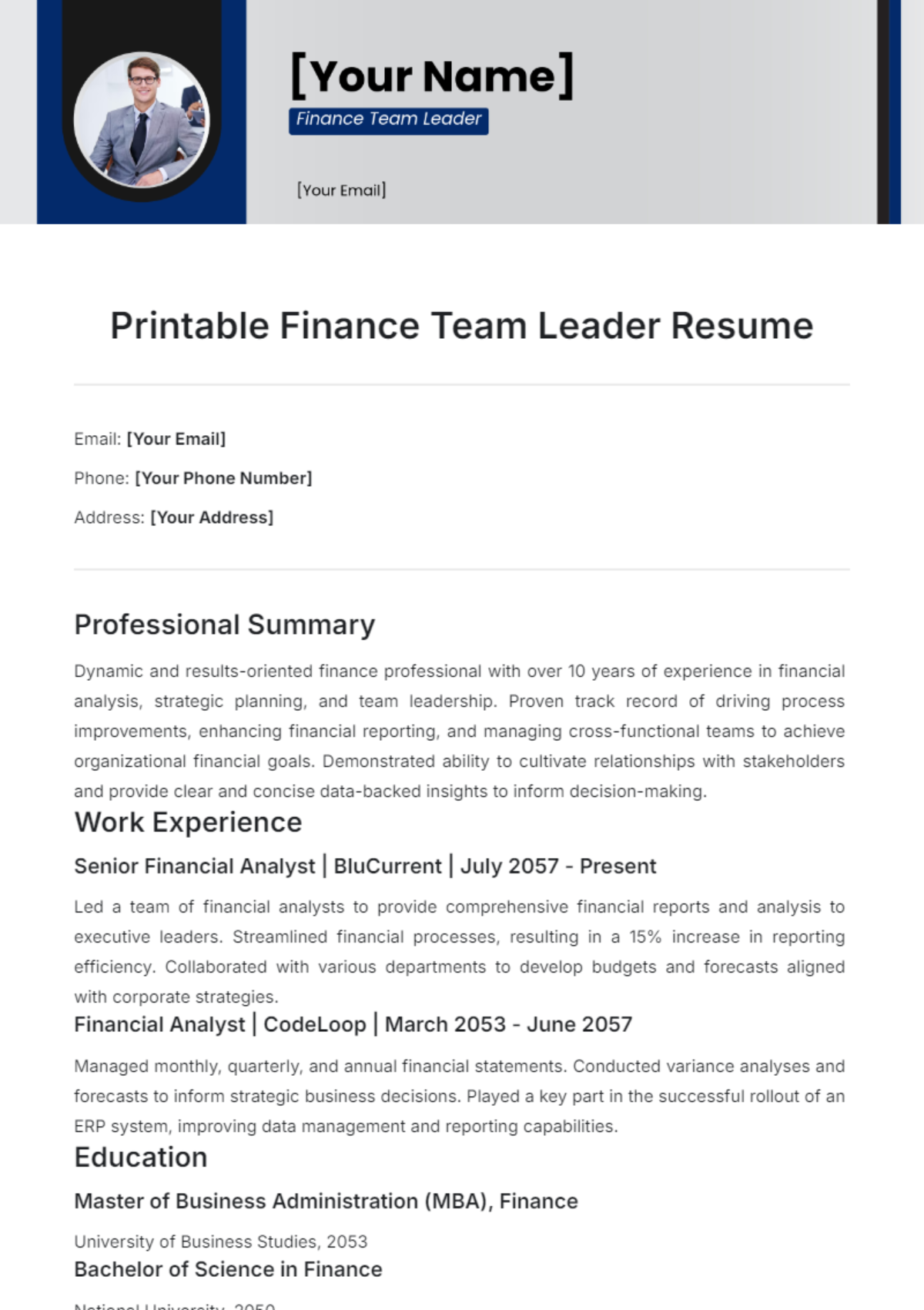 Printable Finance Team Leader Resume Template