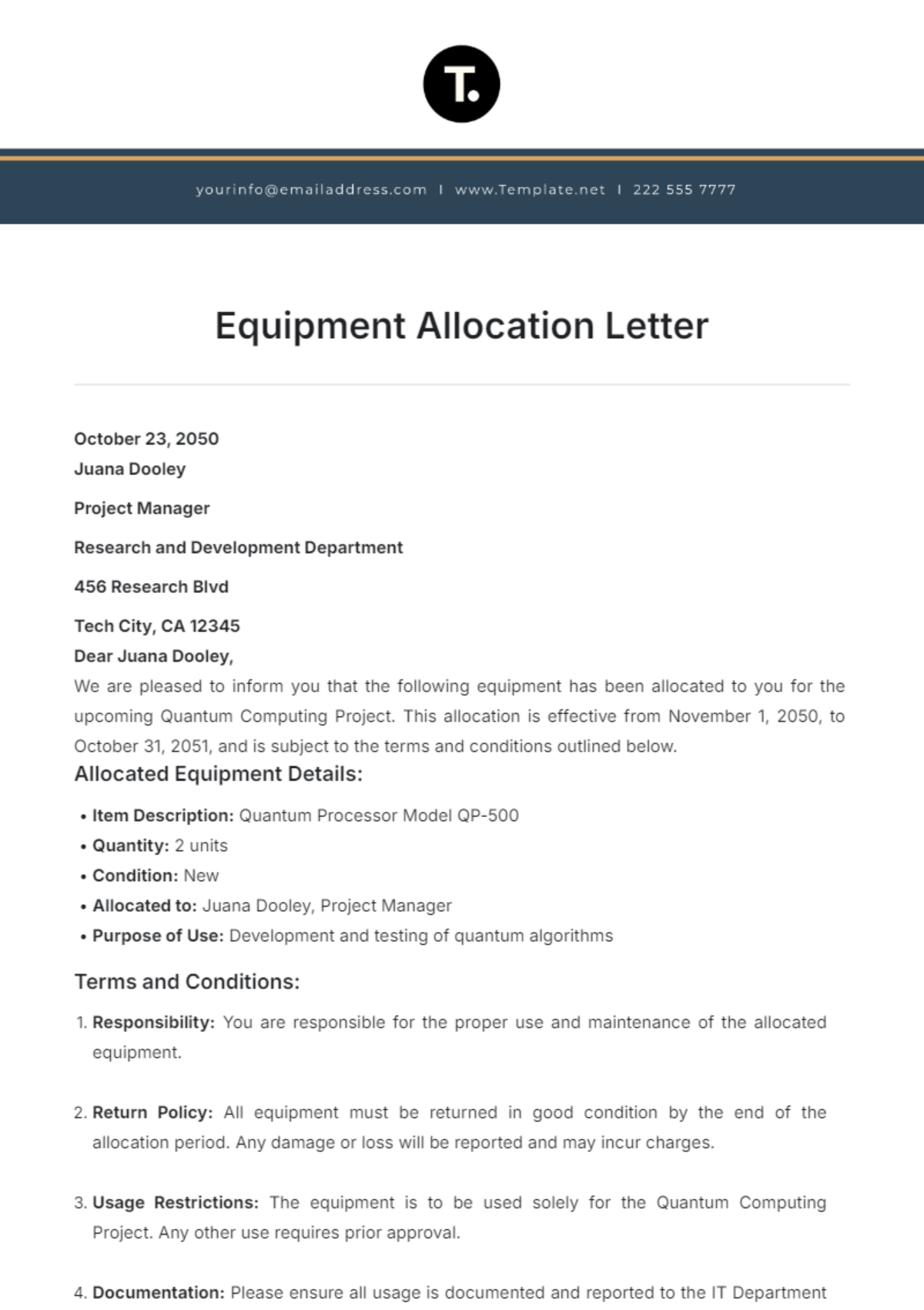 Equipment Allocation Letter Template - Edit Online & Download