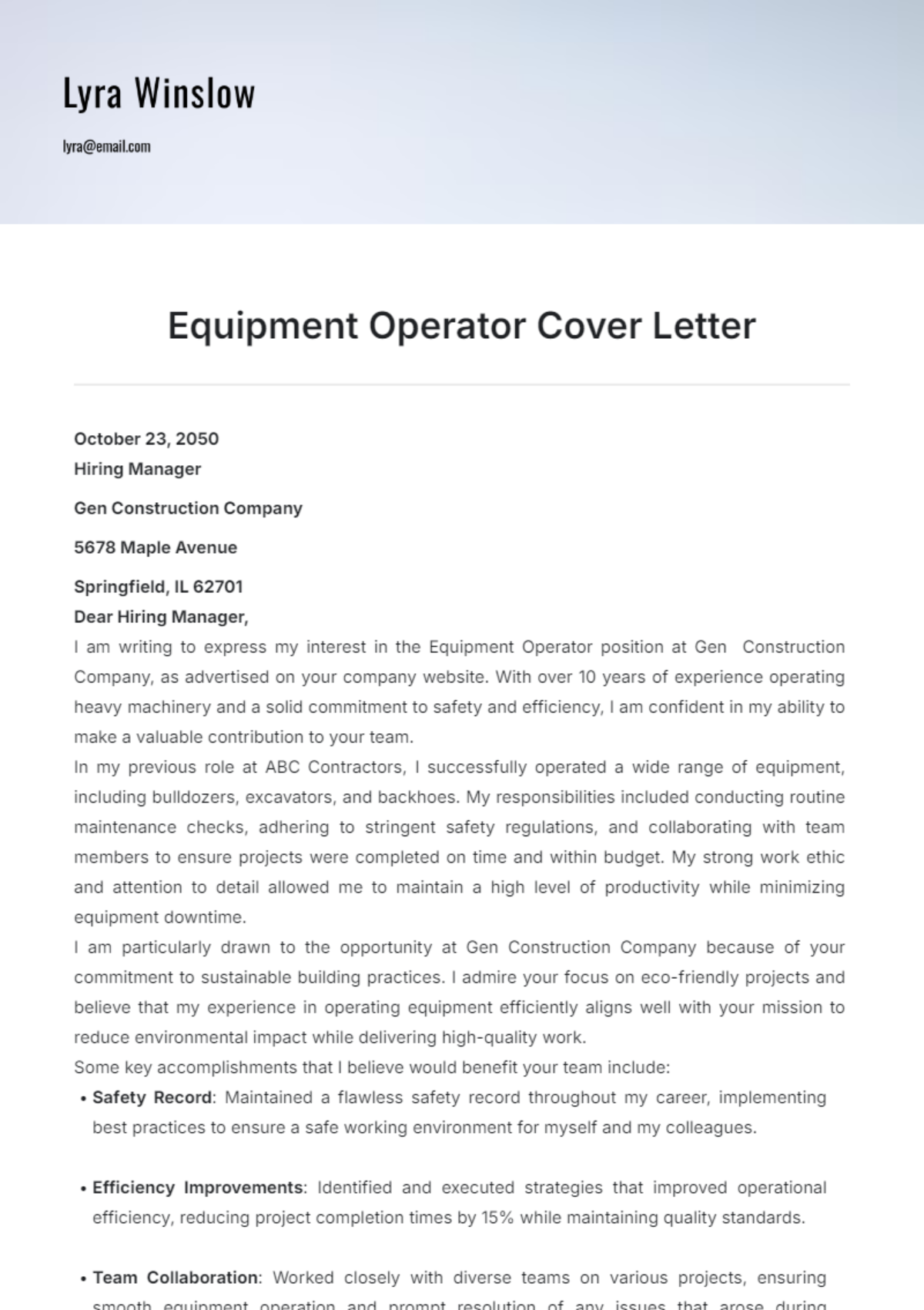 Equipment Operator Cover Letter Template - Edit Online & Download