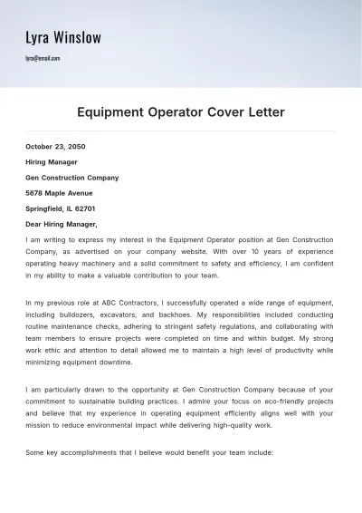 Free Equipment Operator Cover Letter Template to Edit Online