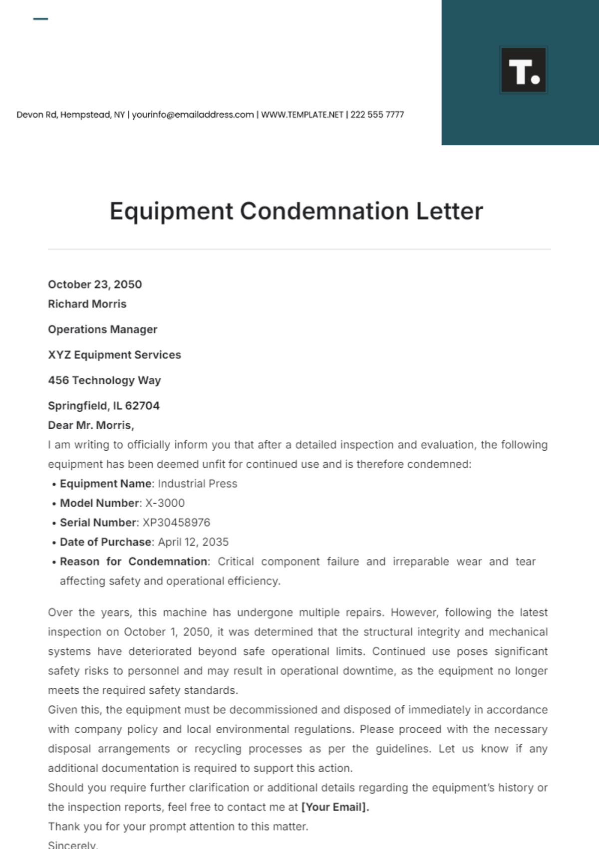 Equipment Condemnation Letter Template - Edit Online & Download