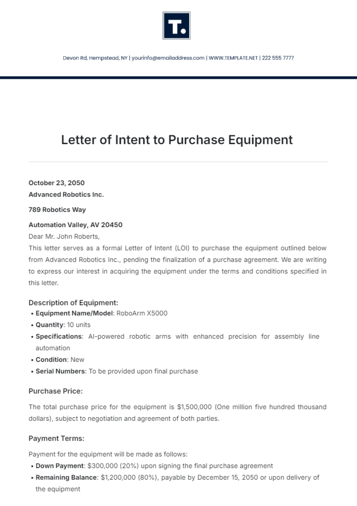 Letter of Intent to Purchase Equipment Template - Edit Online & Download