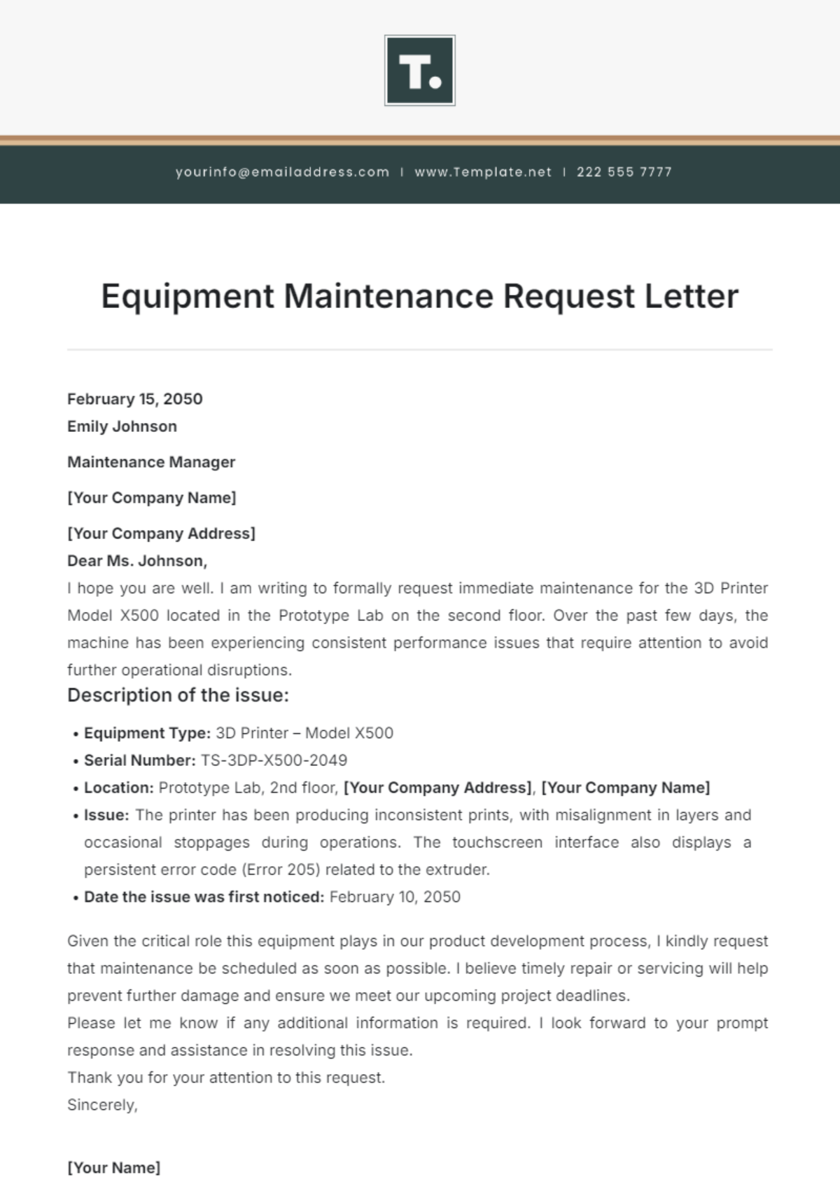 Equipment Maintenance Request Letter Template - Edit Online & Download