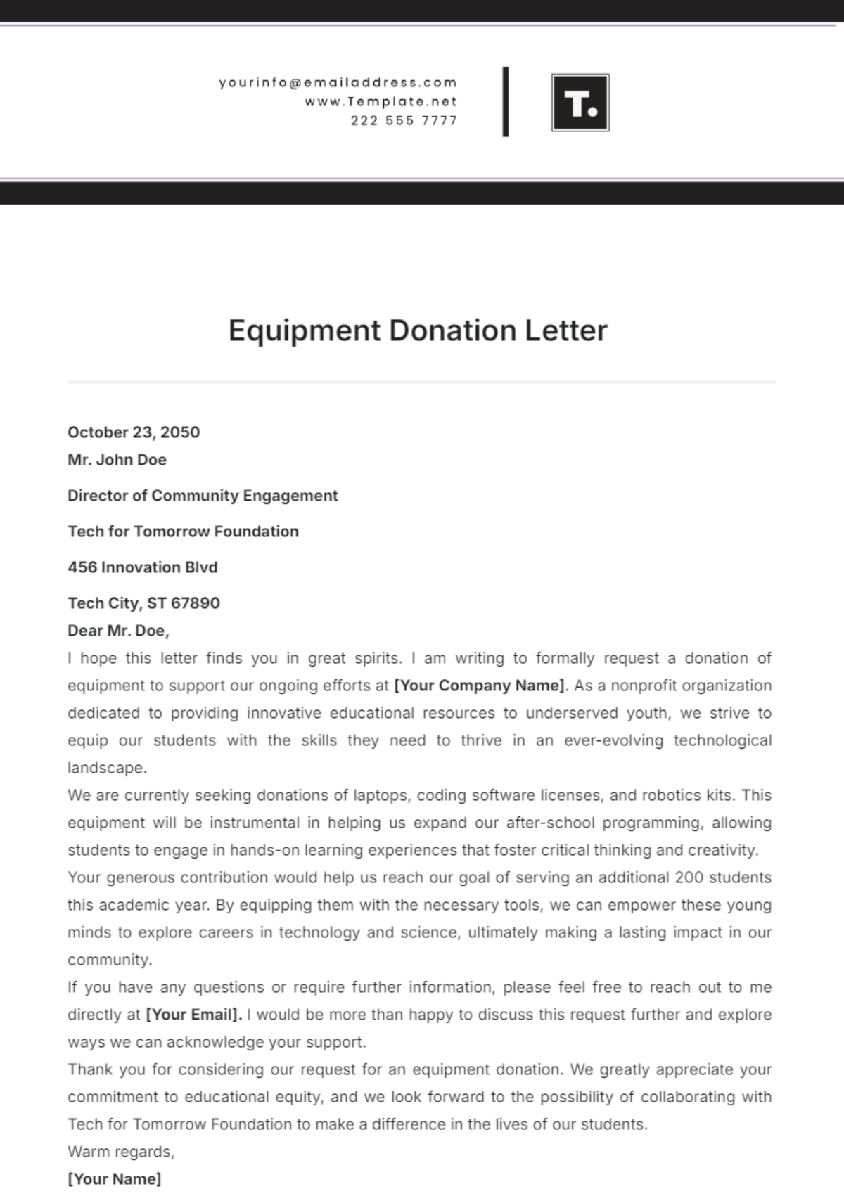 Equipment Donation Letter Template - Edit Online & Download