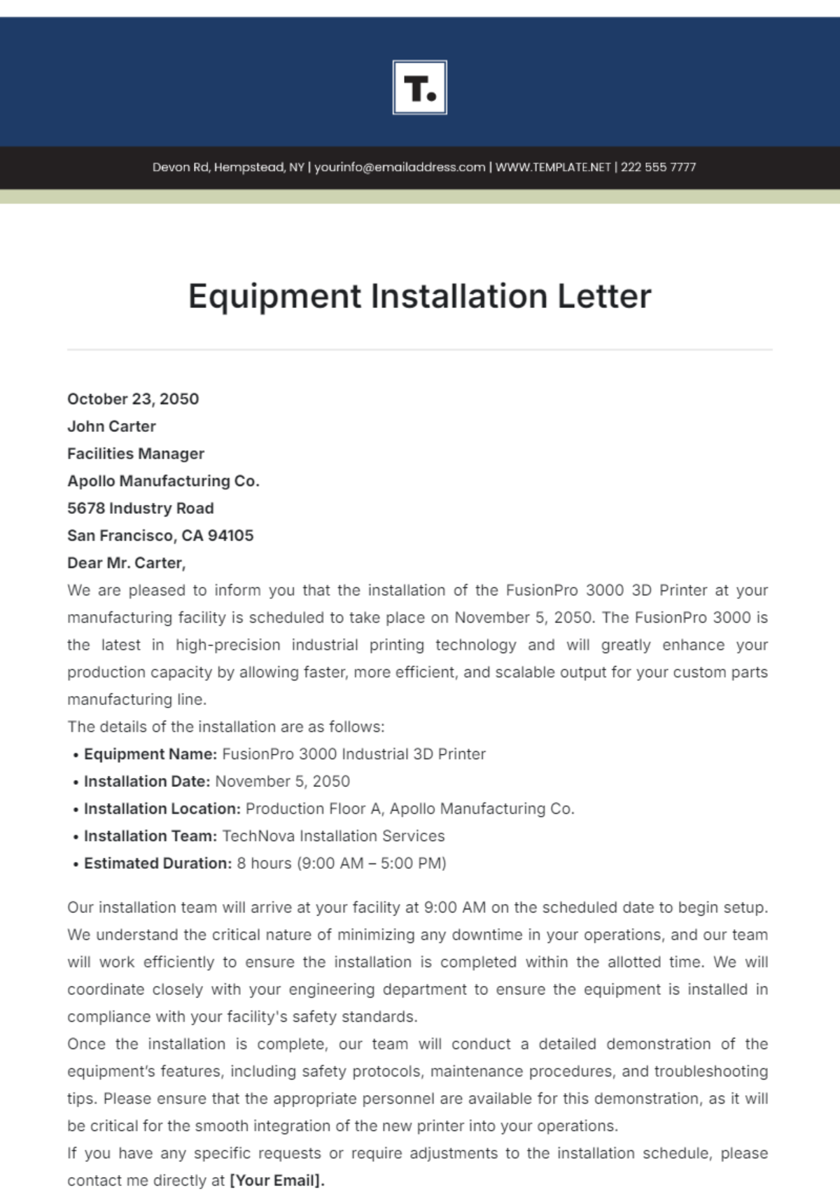 Equipment Installation Letter Template - Edit Online & Download