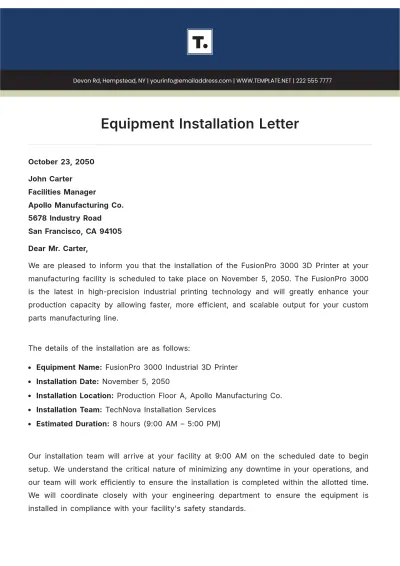 Free Equipment Installation Letter Template to Edit Online