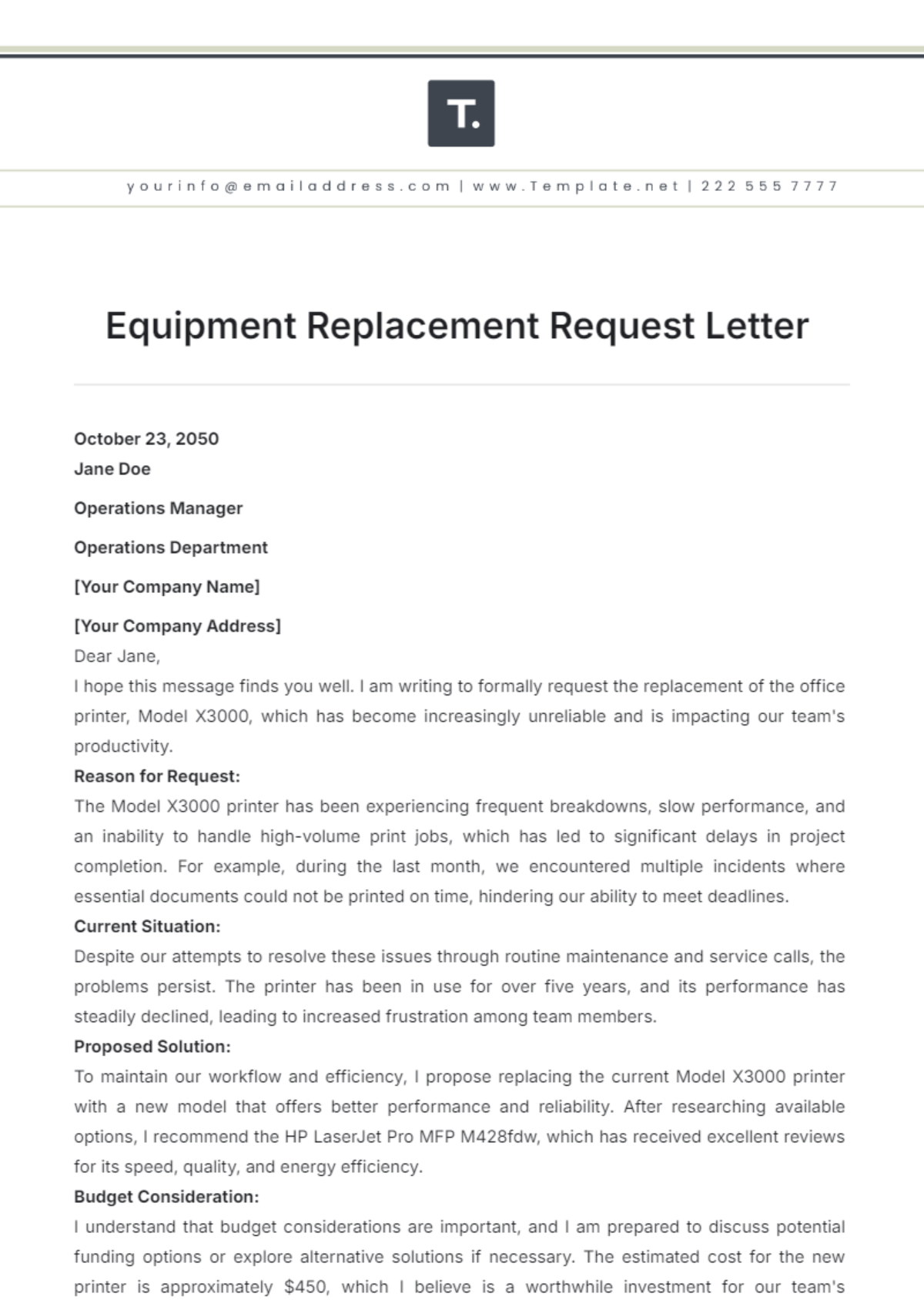 Equipment Replacement Request Letter Template - Edit Online & Download