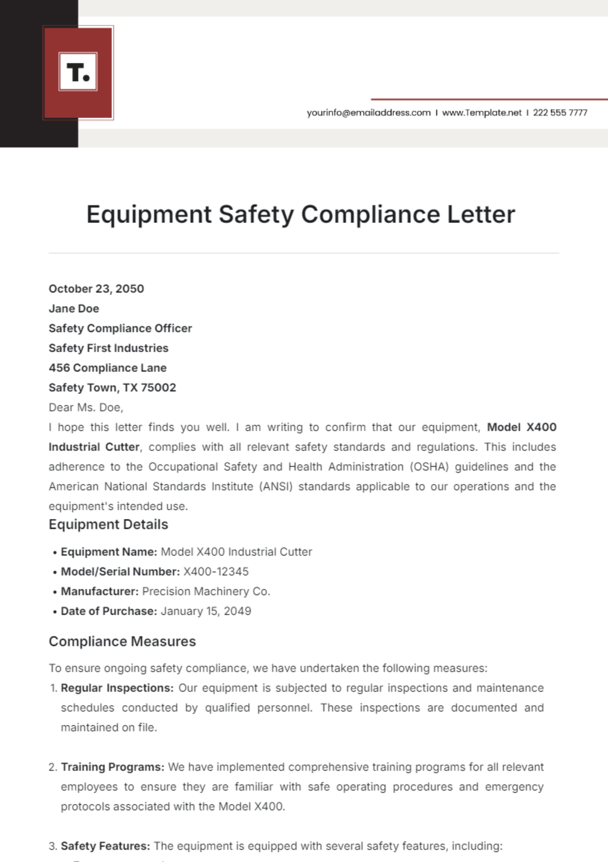 Equipment Safety Compliance Letter Template - Edit Online & Download