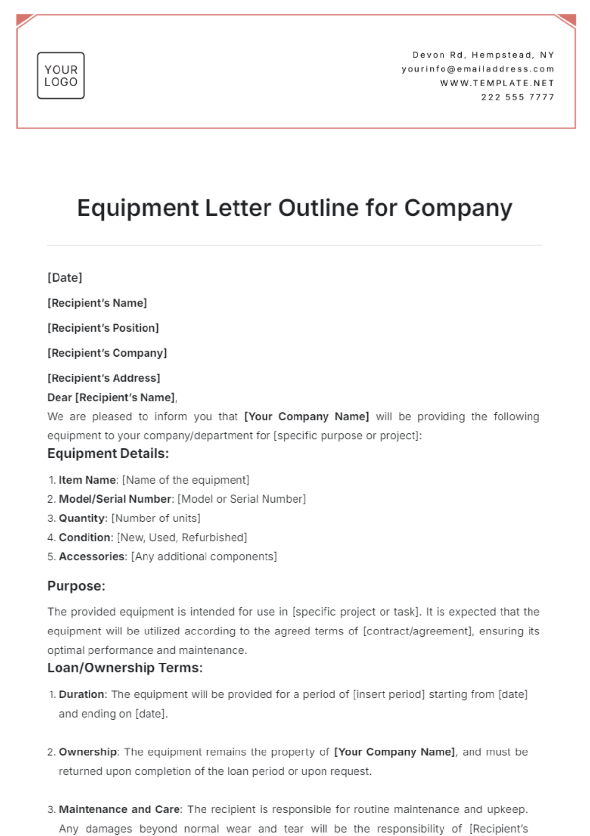 Equipment Letter Outline for Company Template - Edit Online & Download