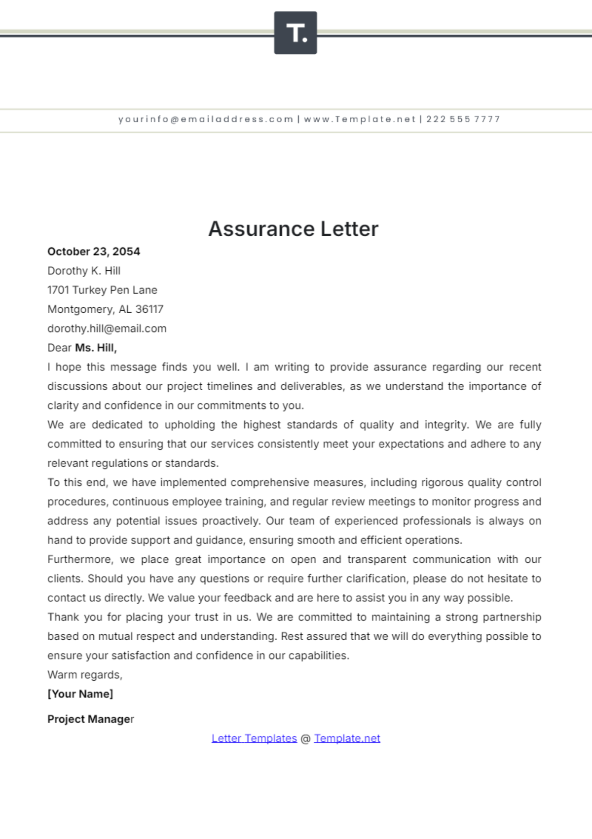 Assurance Letter Template - Edit Online & Download