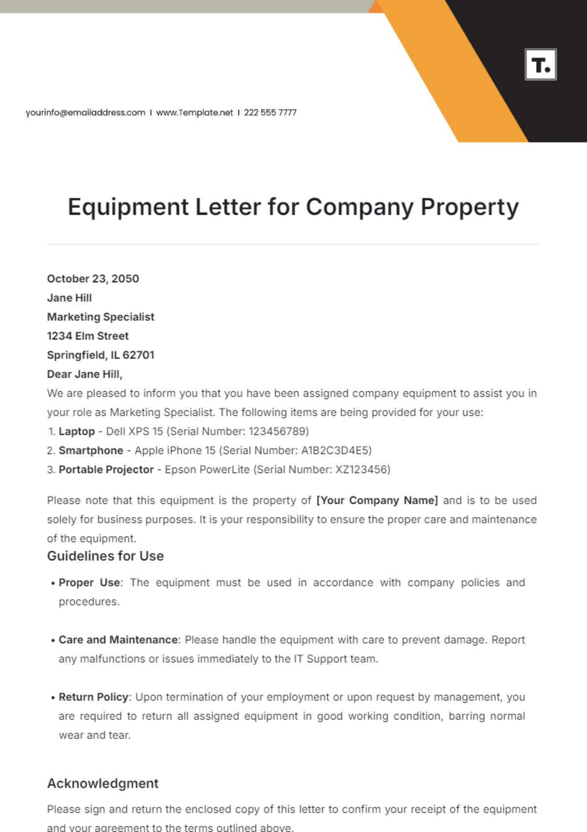 Equipment Letter for Company Property Template - Edit Online & Download