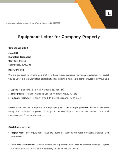 Free Equipment Letter for Company Property Template to Edit Online