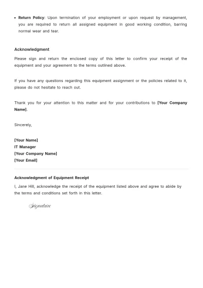 Free Equipment Letter for Company Property Template to Edit Online