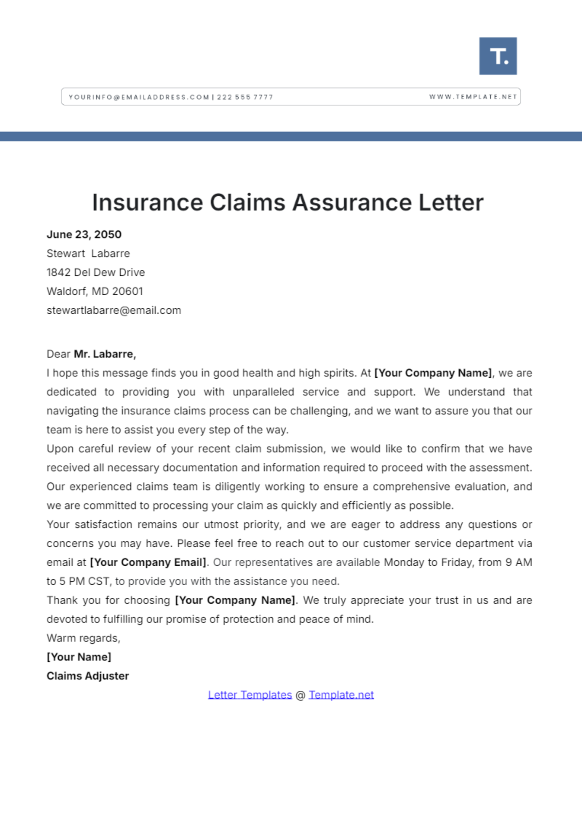 Insurance Claims Assurance Letter Template - Edit Online & Download