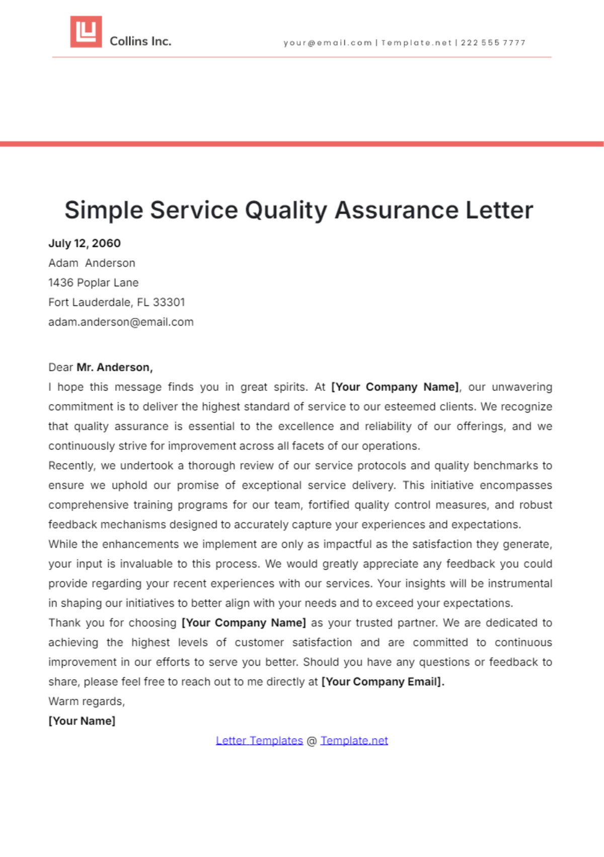 Simple Service Quality Assurance Letter Template - Edit Online & Download