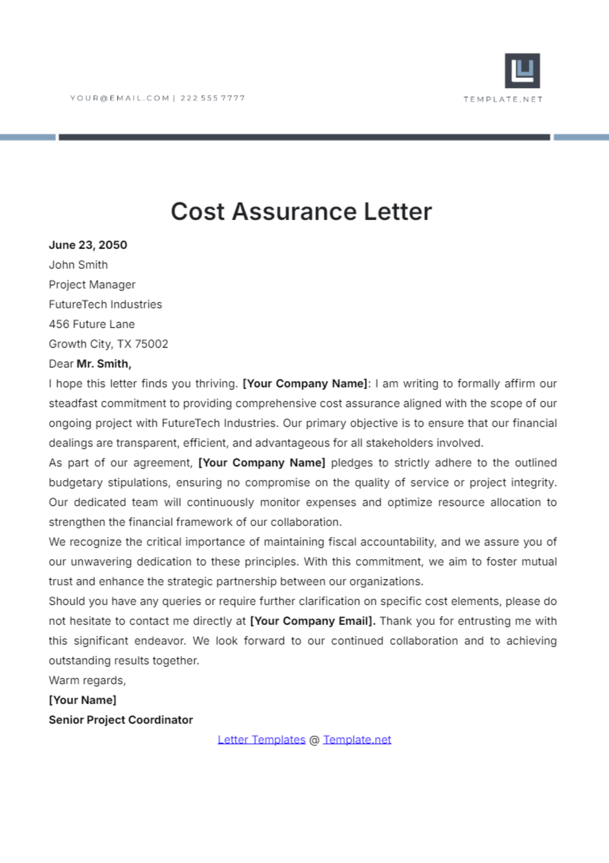 Cost Assurance Letter Template - Edit Online & Download