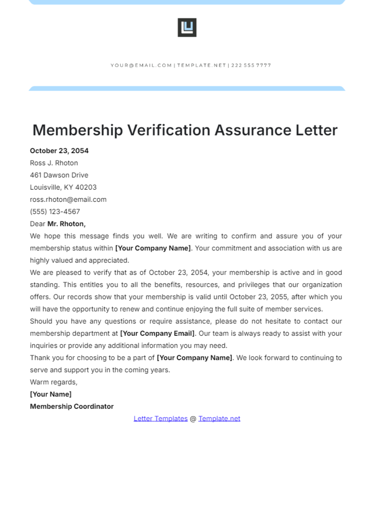 Membership Verification Assurance Letter Template - Edit Online & Download