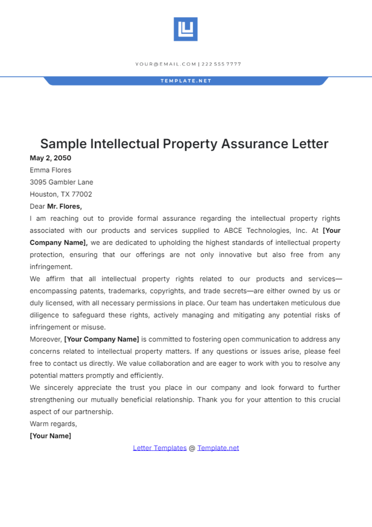 Sample Intellectual Property Assurance Letter Template - Edit Online & Download