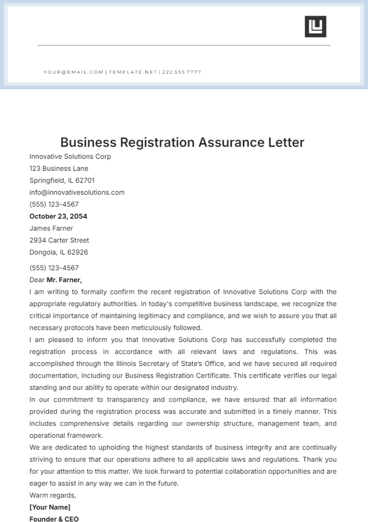 Business Registration Assurance Letter Template - Edit Online & Download