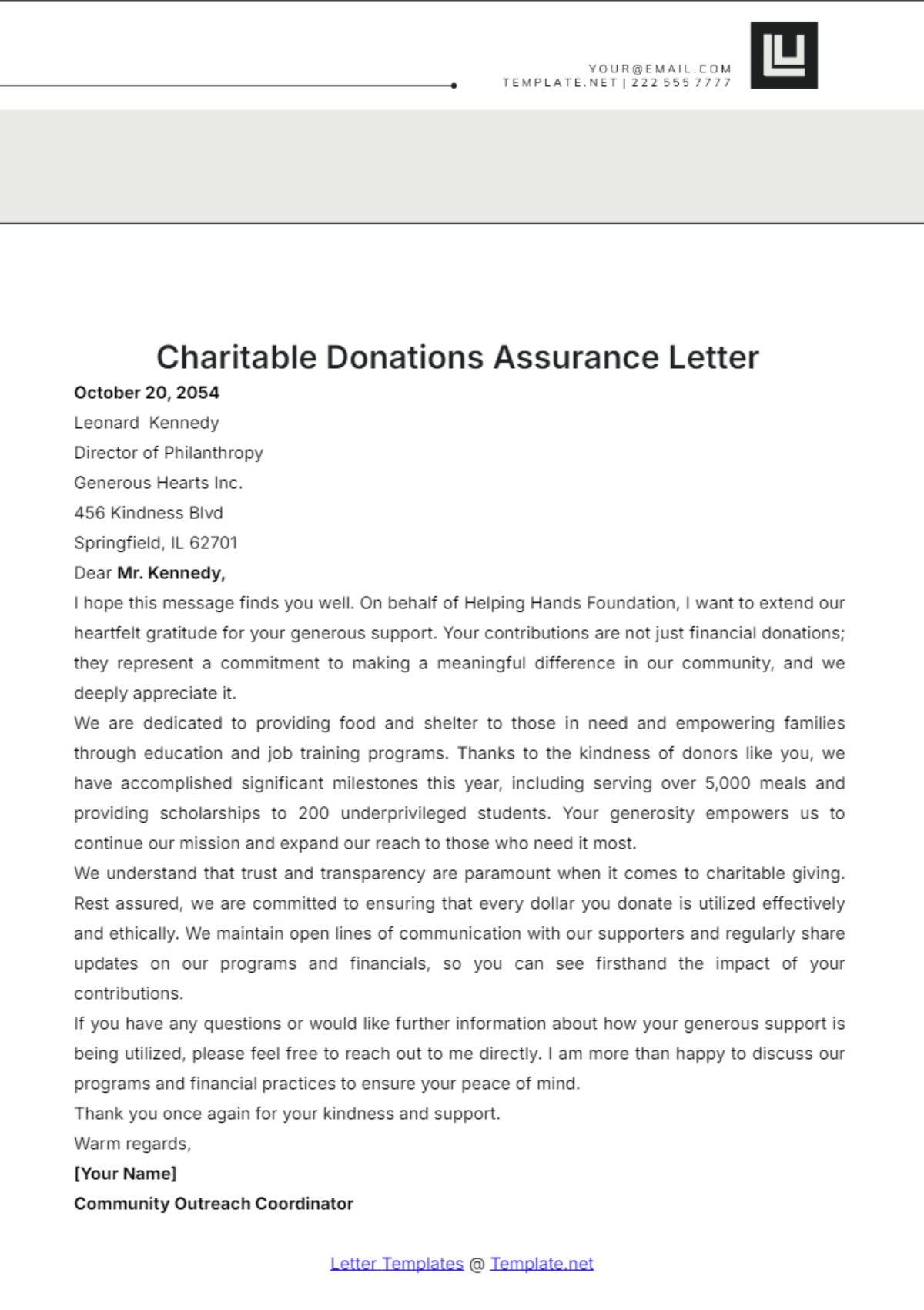 Charitable Donations Assurance Letter Template - Edit Online & Download